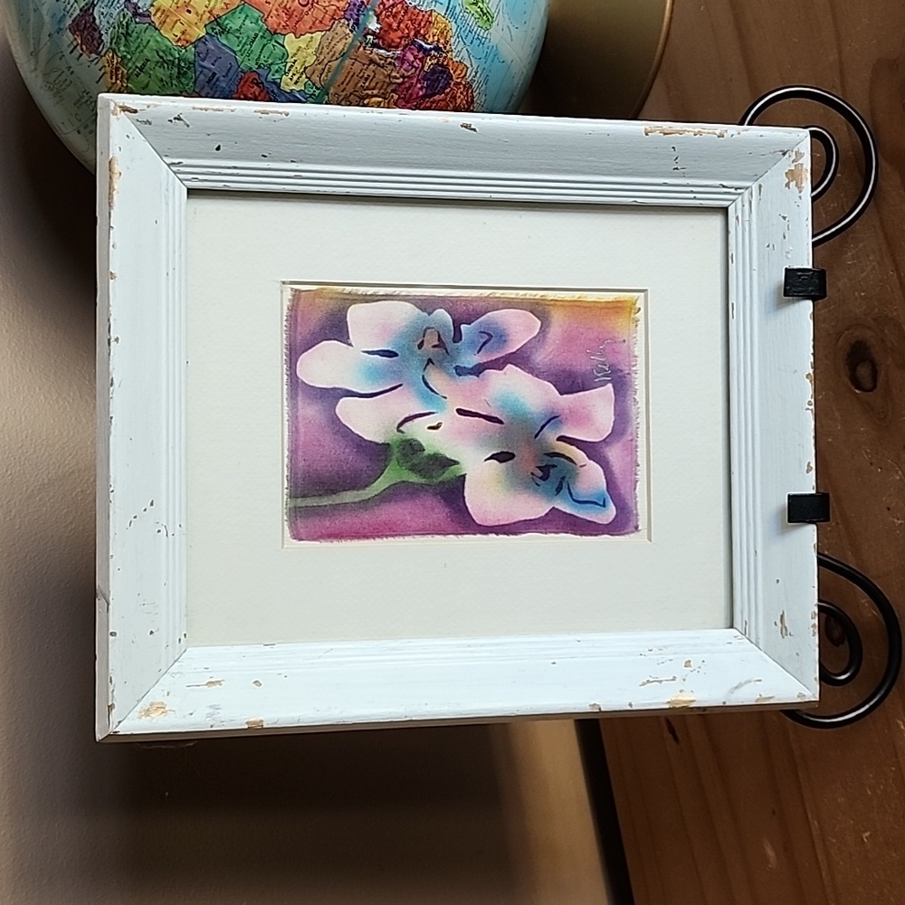 Hand painted silk by Jo-Anne Kelly framed in chabby chic frame